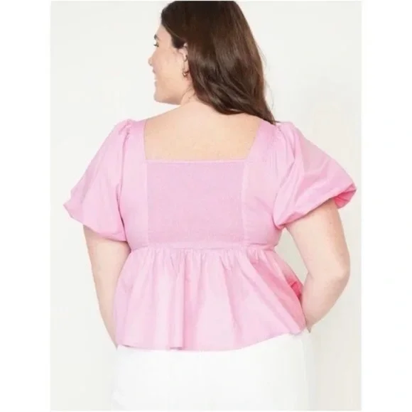 💕 OLD NAVY ~ Pink Puff-Sleeve Ruched Smocked Babydoll Top~ Summer Ready!  XXL - Picture 4 of 6